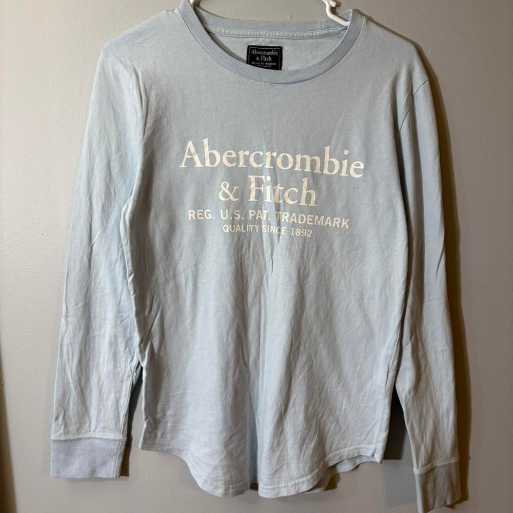 Abercrombie & Fitch Long Sleeve Logo Tee Light Blue Graphic Shirt XS Y2K